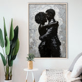 Black Couple Love Huging Painting Knife Oil Painting,Framed Canvas Prints Wall Art Decor, Floating Frame