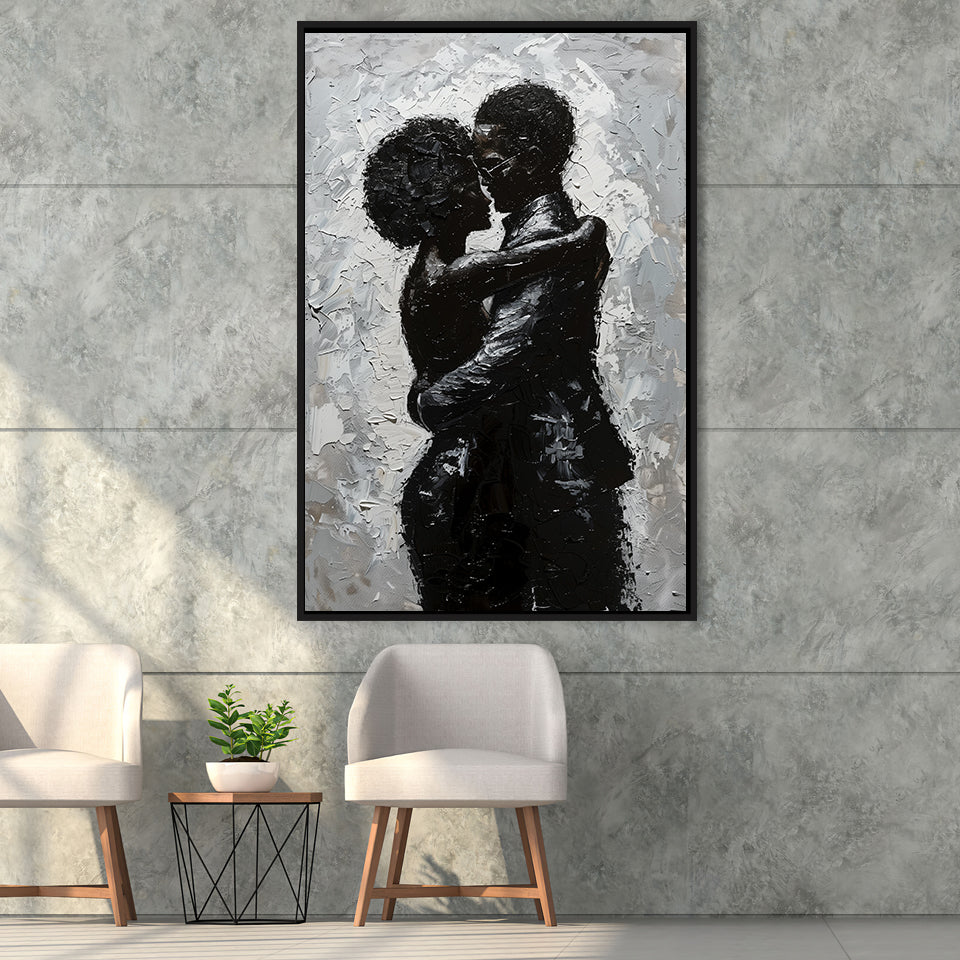 Black Couple Love Huging Painting Knife Oil Painting,Framed Canvas Prints Wall Art Decor, Floating Frame