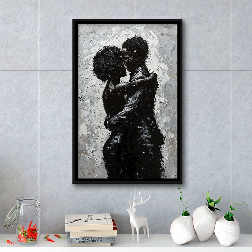 Black Couple Love Huging Painting Knife Oil Painting,Framed Canvas Prints Wall Art Decor, Floating Frame