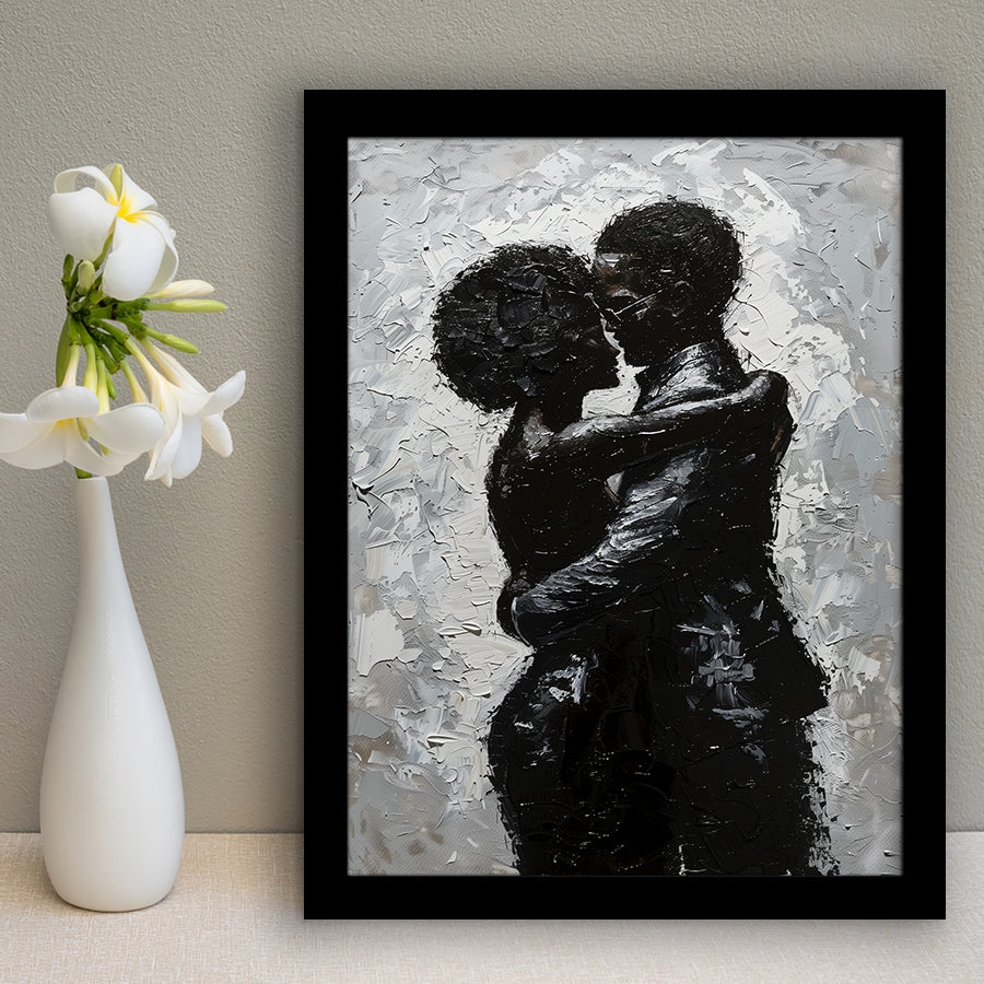 Black Couple Love Huging Painting Knife Oil Painting,Framed Art Prints Wall Decor, Picture Framed
