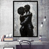 Black Couple Love Huging Painting Knife Oil Painting,Framed Art Prints Wall Decor, Picture Framed