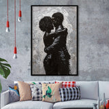 Black Couple Love Huging Painting Knife Oil Painting,Framed Art Prints Wall Decor, Picture Framed
