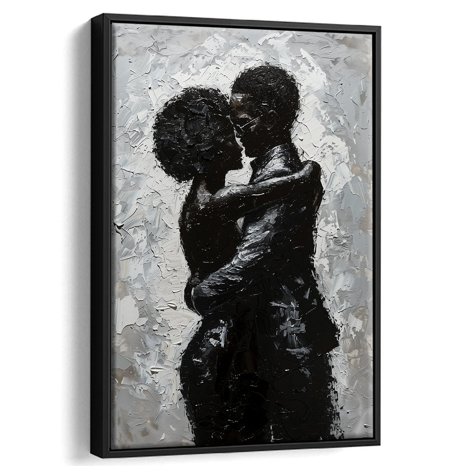 Black Couple Love Huging Painting Knife Oil Painting,Framed Canvas Prints Wall Art Decor, Floating Frame