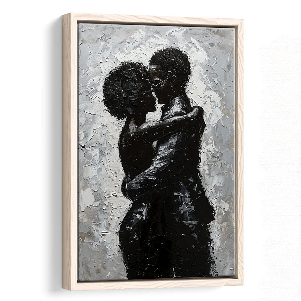 Black Couple Love Huging Painting Knife Oil Painting,Framed Canvas Prints Wall Art Decor, Floating Frame