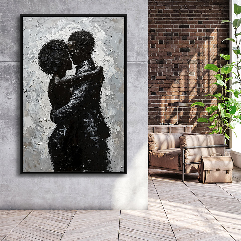 Black Couple Love Huging Painting Knife Oil Painting,Framed Canvas Prints Wall Art Decor, Floating Frame