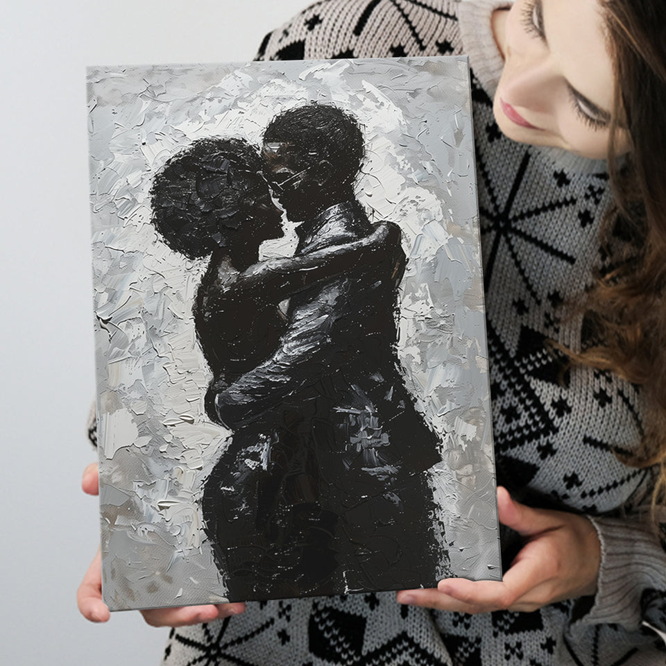 Black Couple Love Huging Painting Knife Oil Painting, Canvas Painting, Canvas Print Wall Art Decor