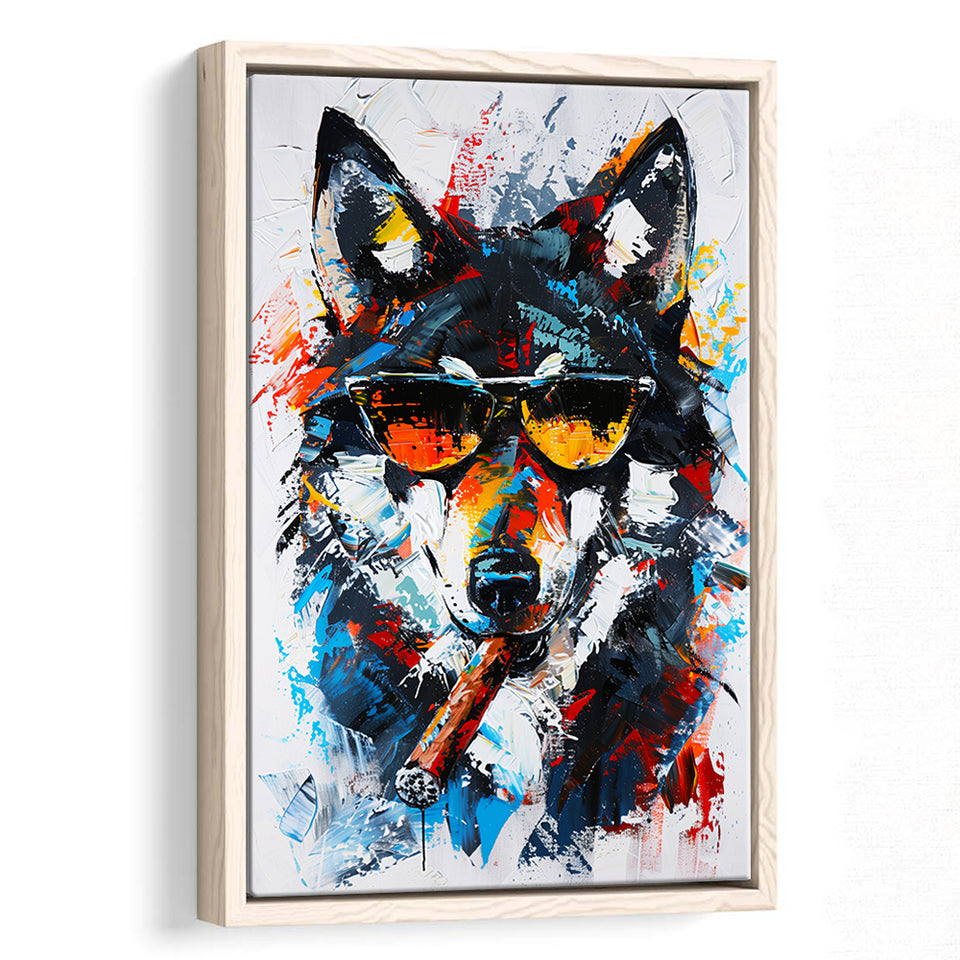 Black Wolf Wearing Sungglasses And Smooking Cigar Oil Painting, Framed Canvas Prints Wall Art Decor, Floarting Frame Painting Canvas