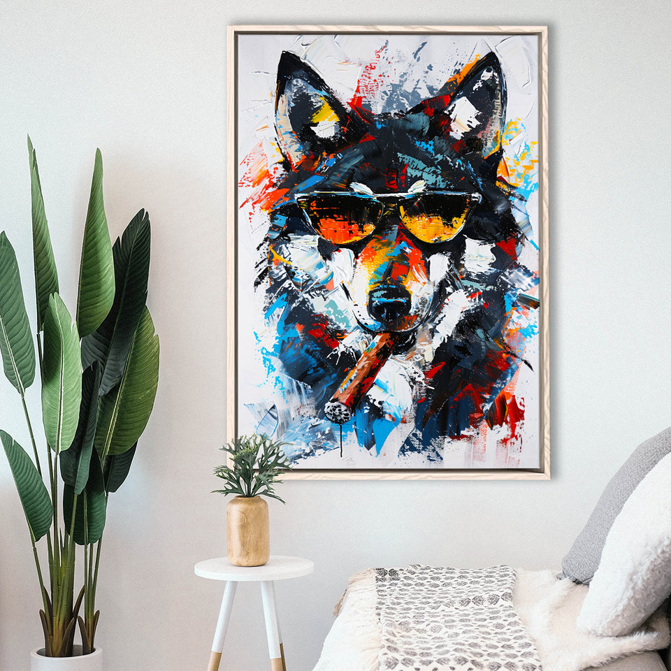 Black Wolf Wearing Sungglasses And Smooking Cigar Oil Painting, Framed Canvas Prints Wall Art Decor, Floarting Frame Painting Canvas