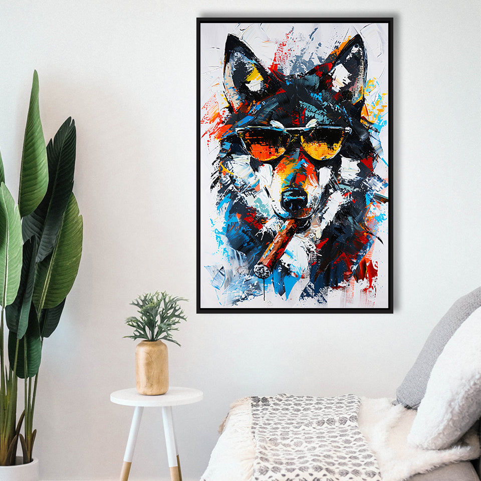 Black Wolf Wearing Sungglasses And Smooking Cigar Oil Painting, Framed Canvas Prints Wall Art Decor, Floarting Frame Painting Canvas