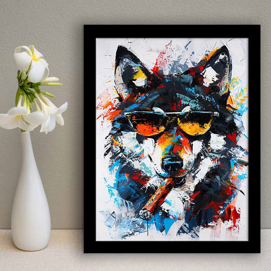 Black Wolf Wearing Sungglasses And Smooking Cigar Oil Painting, Framed Art Prints Wall Decor, Picture Framed Painting