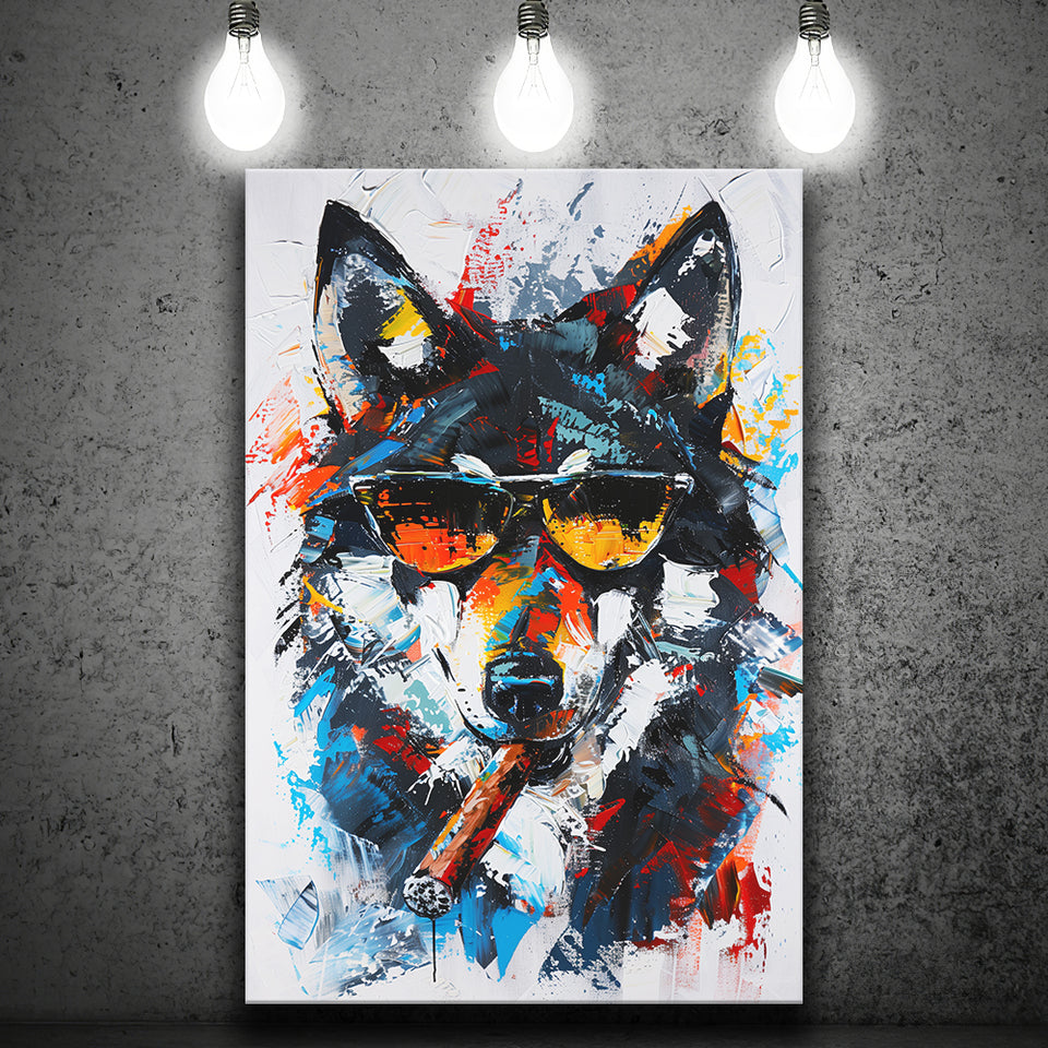 Black Wolf Wearing Sungglasses And Smooking Cigar Oil Painting, Canvas Prints Wall Art Home Decor, Painting Canvas Art