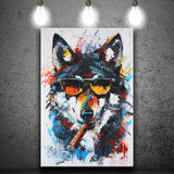 Black Wolf Wearing Sungglasses And Smooking Cigar Oil Painting, Canvas Prints Wall Art Home Decor, Painting Canvas Art