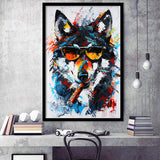 Black Wolf Wearing Sungglasses And Smooking Cigar Oil Painting, Framed Art Prints Wall Decor, Picture Framed Painting