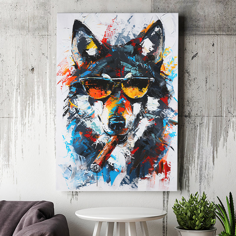 Black Wolf Wearing Sungglasses And Smooking Cigar Oil Painting, Canvas Prints Wall Art Home Decor, Painting Canvas Art