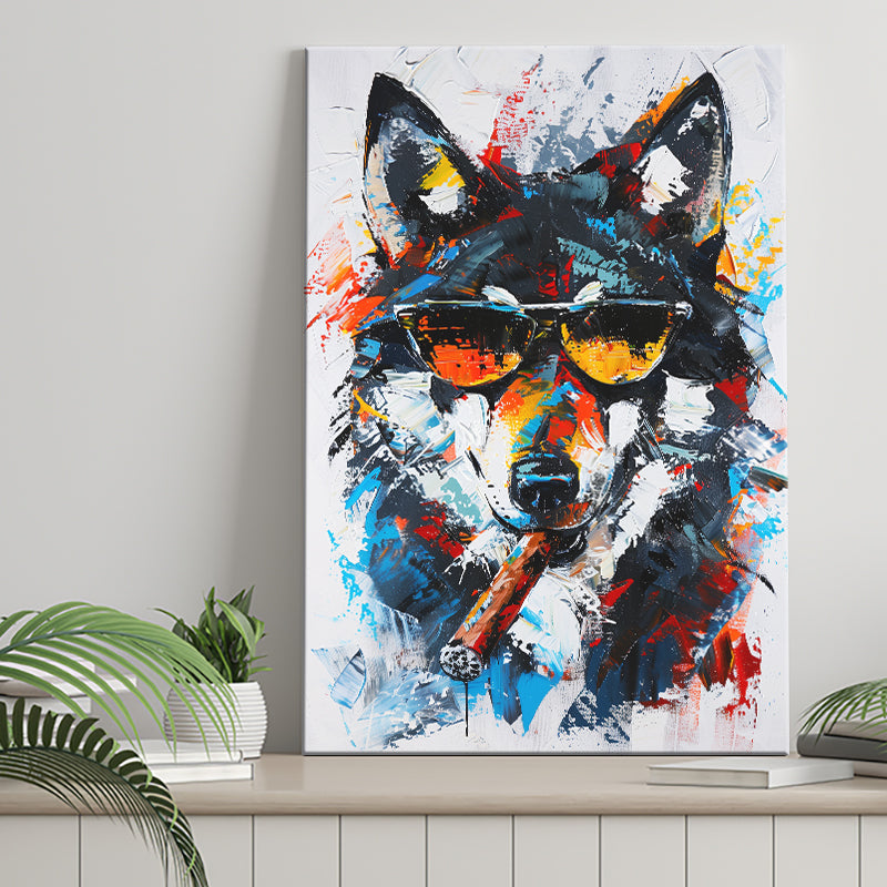 Black Wolf Wearing Sungglasses And Smooking Cigar Oil Painting, Canvas Prints Wall Art Home Decor, Painting Canvas Art