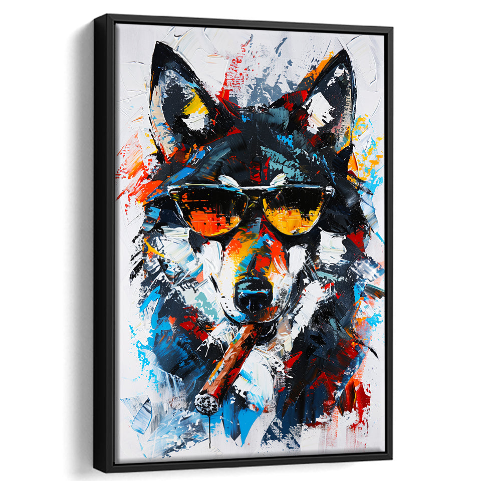 Black Wolf Wearing Sungglasses And Smooking Cigar Oil Painting, Framed Canvas Prints Wall Art Decor, Floarting Frame Painting Canvas