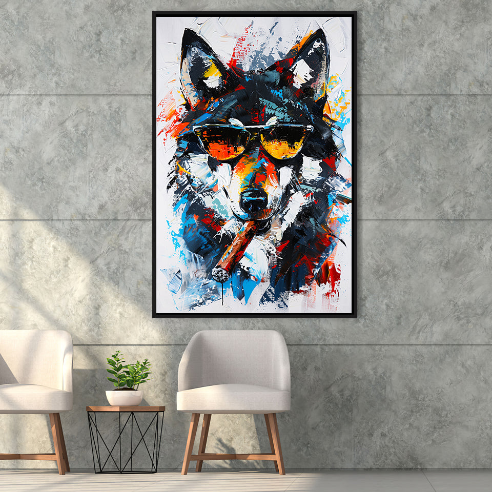 Black Wolf Wearing Sungglasses And Smooking Cigar Oil Painting, Framed Canvas Prints Wall Art Decor, Floarting Frame Painting Canvas