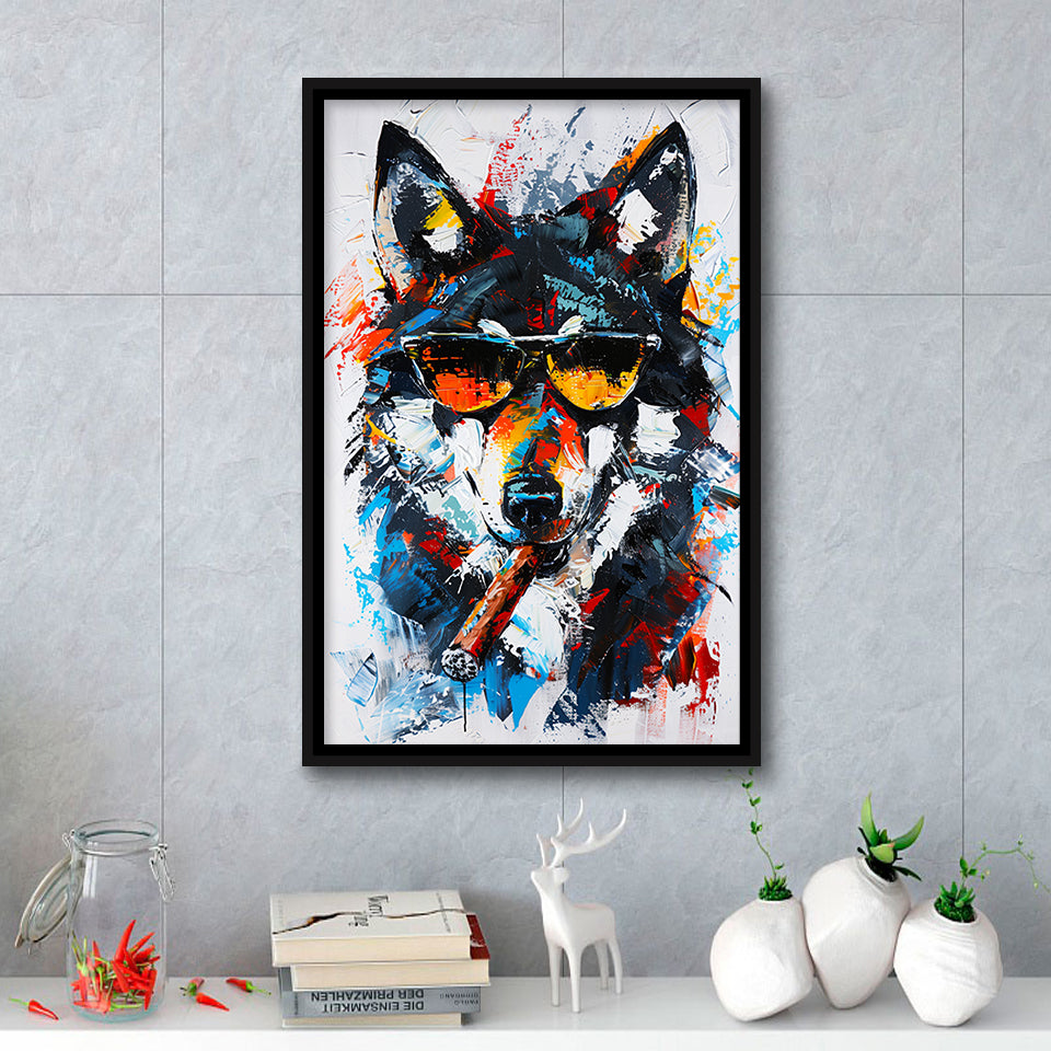 Black Wolf Wearing Sungglasses And Smooking Cigar Oil Painting, Framed Canvas Prints Wall Art Decor, Floarting Frame Painting Canvas