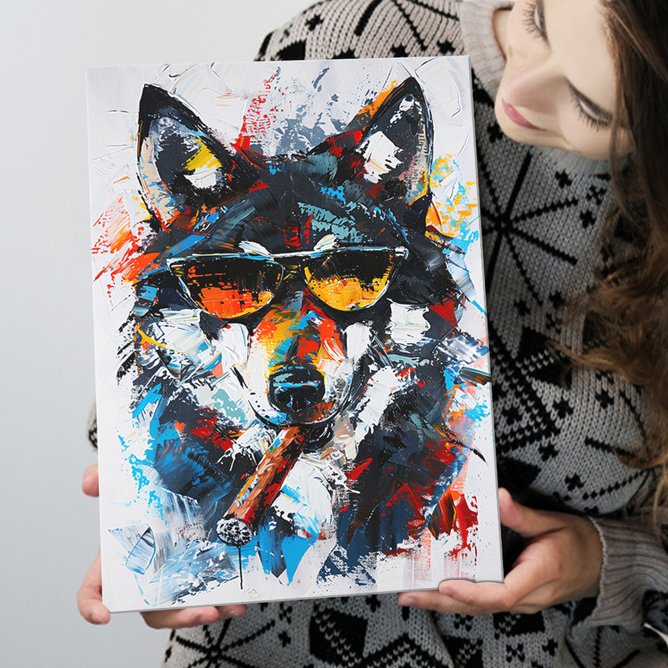 Black Wolf Wearing Sungglasses And Smooking Cigar Oil Painting, Canvas Prints Wall Art Home Decor, Painting Canvas Art