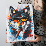 Black Wolf Wearing Sungglasses And Smooking Cigar Oil Painting, Canvas Prints Wall Art Home Decor, Painting Canvas Art