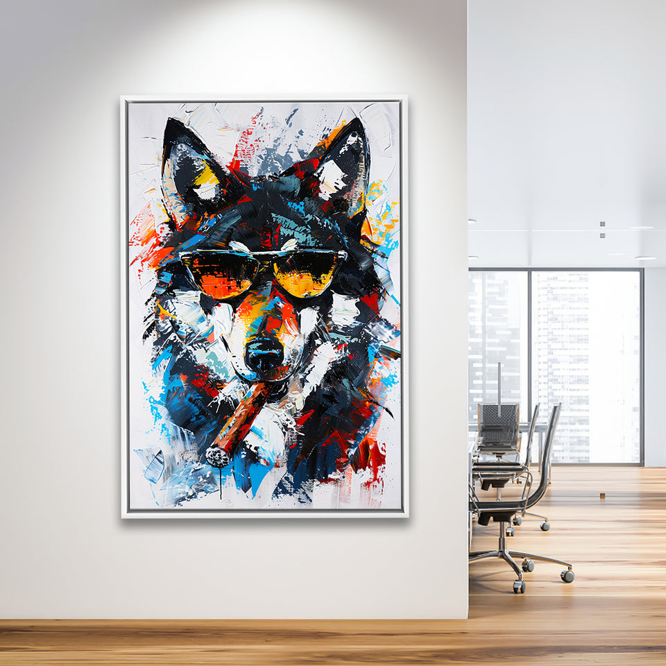 Black Wolf Wearing Sungglasses And Smooking Cigar Oil Painting, Framed Canvas Prints Wall Art Decor, Floarting Frame Painting Canvas