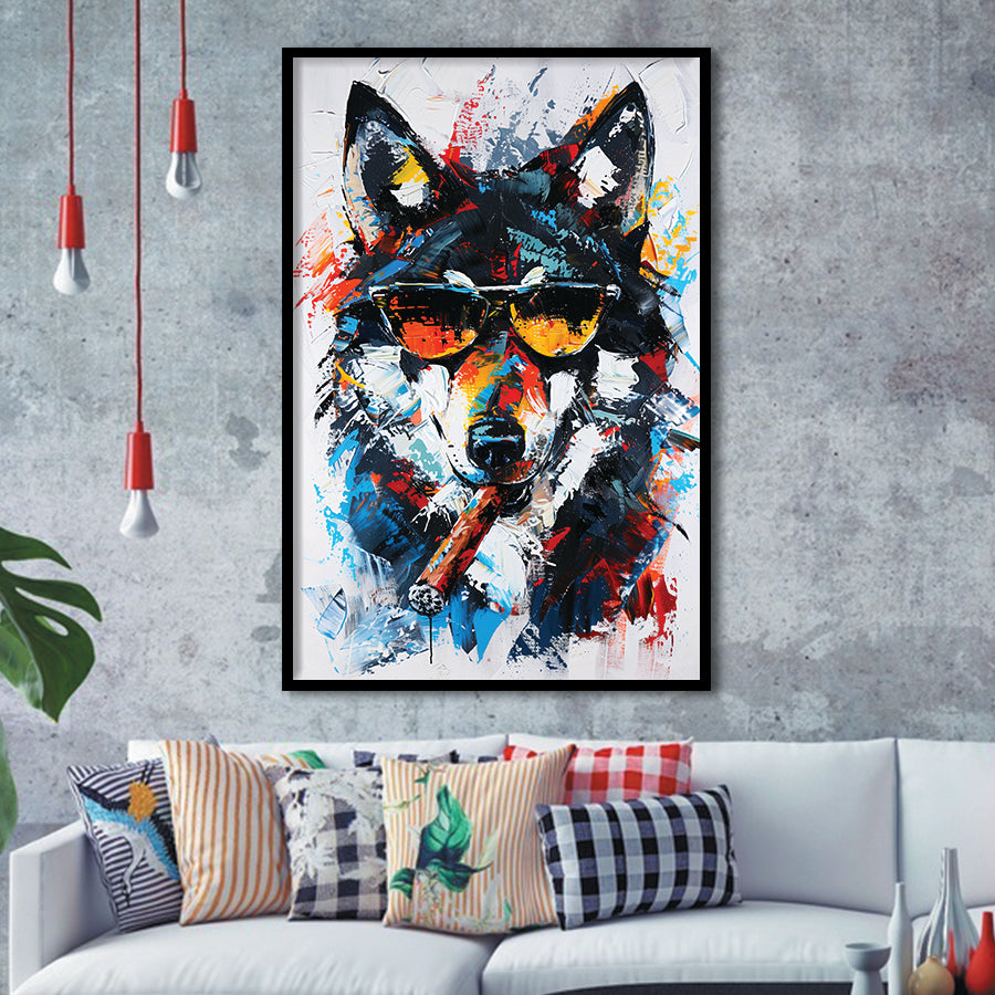 Black Wolf Wearing Sungglasses And Smooking Cigar Oil Painting, Framed Art Prints Wall Decor, Picture Framed Painting