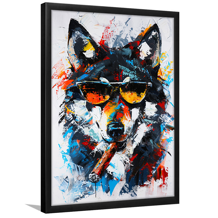 Black Wolf Wearing Sungglasses And Smooking Cigar Oil Painting, Framed Art Prints Wall Decor, Picture Framed Painting