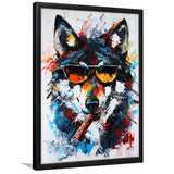 Black Wolf Wearing Sungglasses And Smooking Cigar Oil Painting, Framed Art Prints Wall Decor, Picture Framed Painting