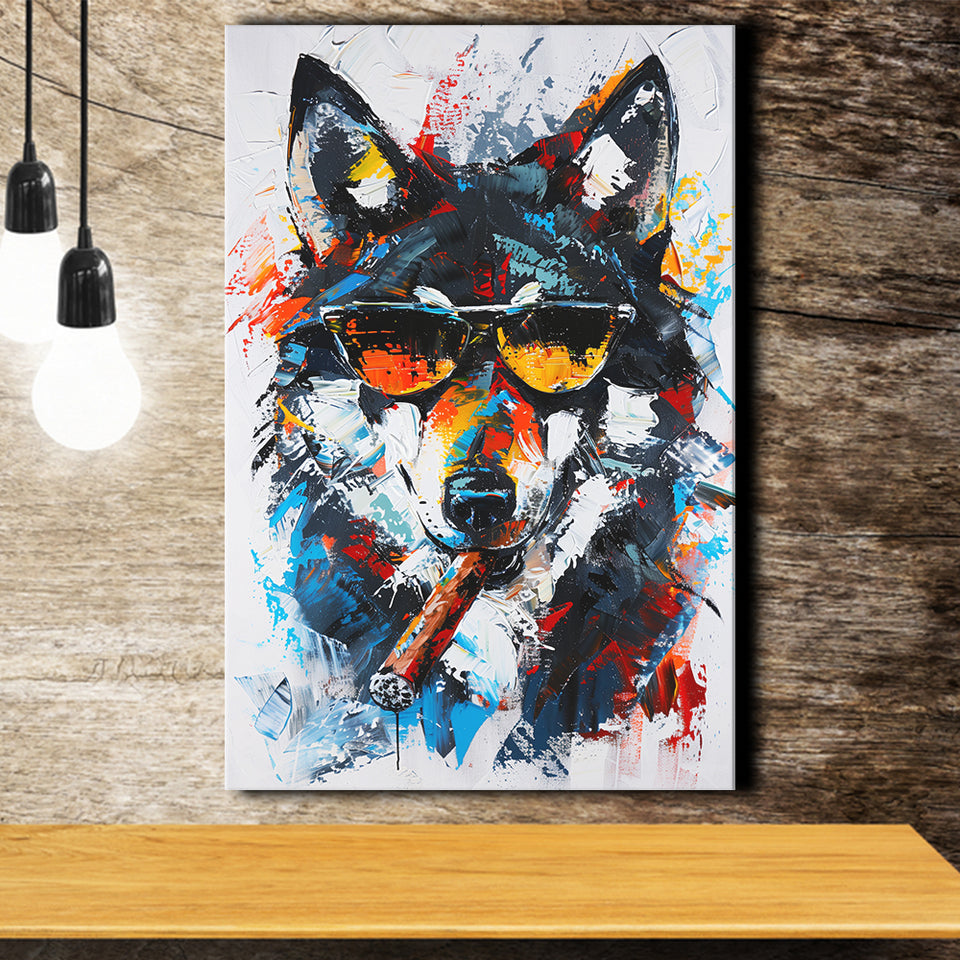 Black Wolf Wearing Sungglasses And Smooking Cigar Oil Painting, Canvas Prints Wall Art Home Decor, Painting Canvas Art
