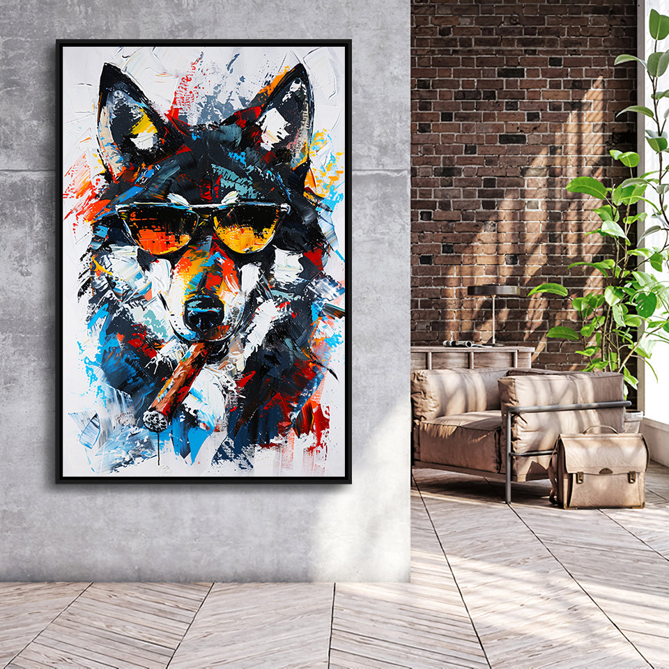 Black Wolf Wearing Sungglasses And Smooking Cigar Oil Painting, Framed Canvas Prints Wall Art Decor, Floarting Frame Painting Canvas