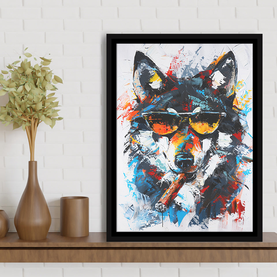 Black Wolf Wearing Sungglasses And Smooking Cigar Oil Painting, Framed Canvas Prints Wall Art Decor, Floarting Frame Painting Canvas