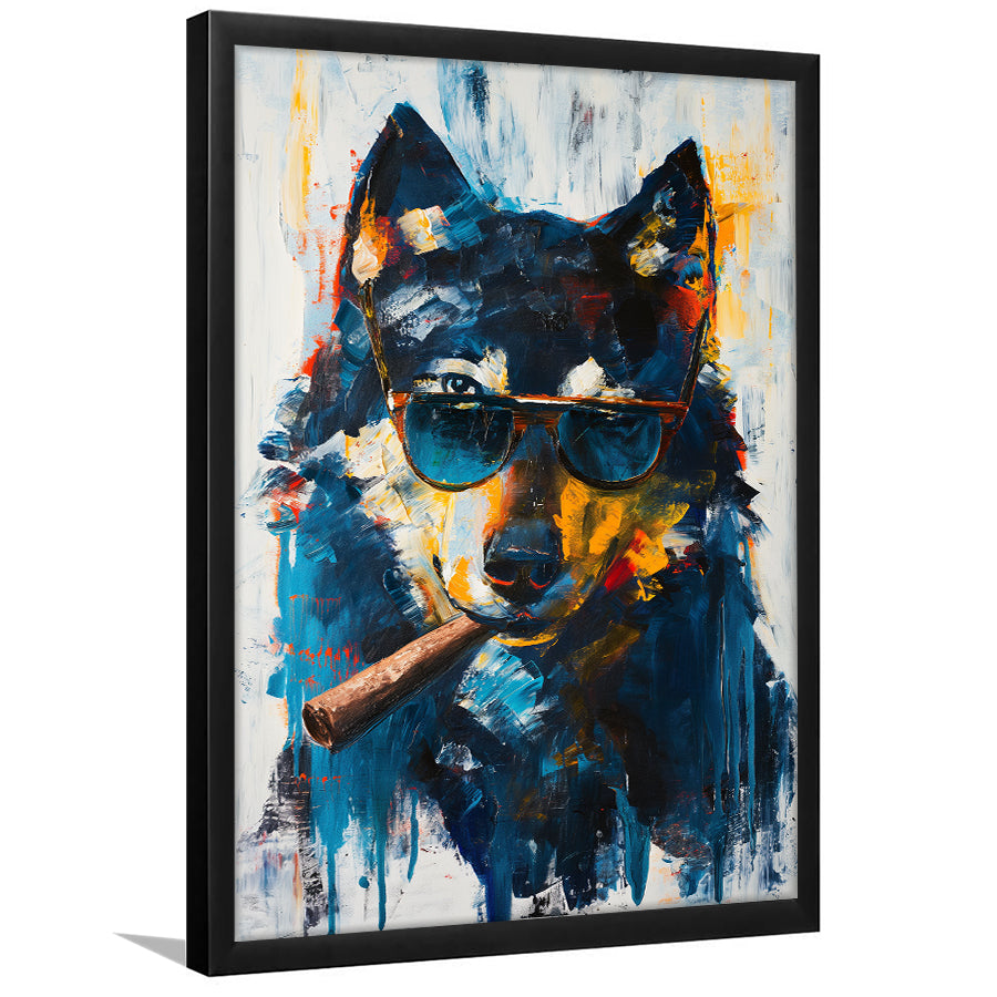 Black Wolf Wearing Sungglasses And Smooking Cigar V1, Framed Art Prints Wall Decor, Picture Framed Painting