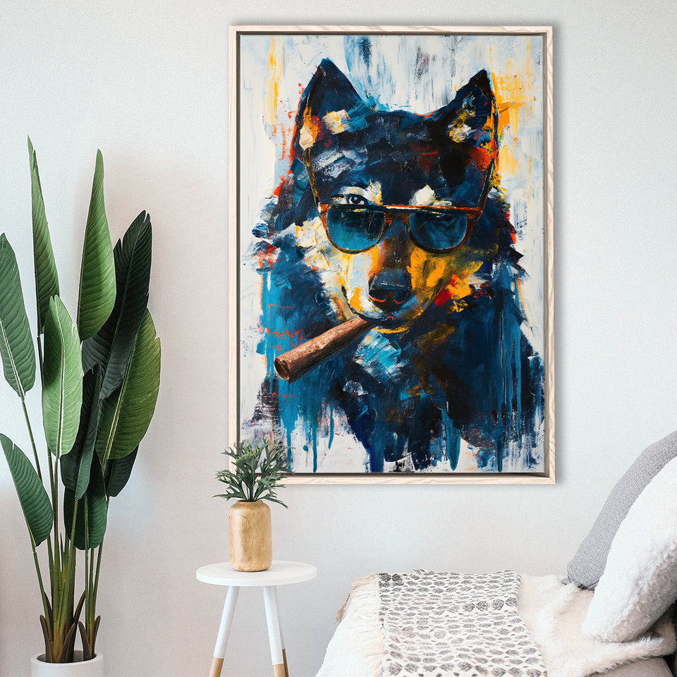 Black Wolf Wearing Sungglasses And Smooking Cigar V1, Framed Canvas Prints Wall Art Decor, Floarting Frame Painting Canvas Art