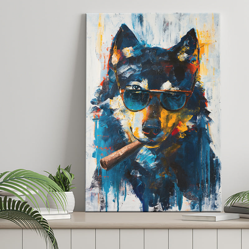 Black Wolf Wearing Sungglasses And Smooking Cigar V1, Canvas Prints Wall Art Home Decor, Painting Canvas Art