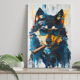 Black Wolf Wearing Sungglasses And Smooking Cigar V1, Canvas Prints Wall Art Home Decor, Painting Canvas Art