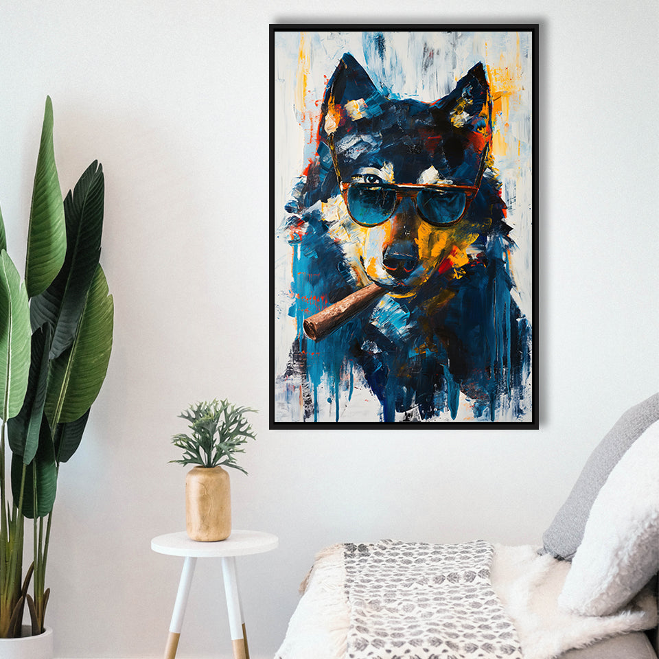 Black Wolf Wearing Sungglasses And Smooking Cigar V1, Framed Canvas Prints Wall Art Decor, Floarting Frame Painting Canvas Art