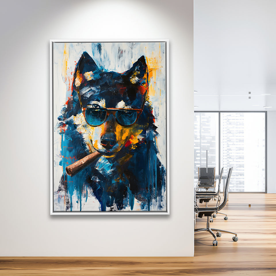 Black Wolf Wearing Sungglasses And Smooking Cigar V1, Framed Canvas Prints Wall Art Decor, Floarting Frame Painting Canvas Art