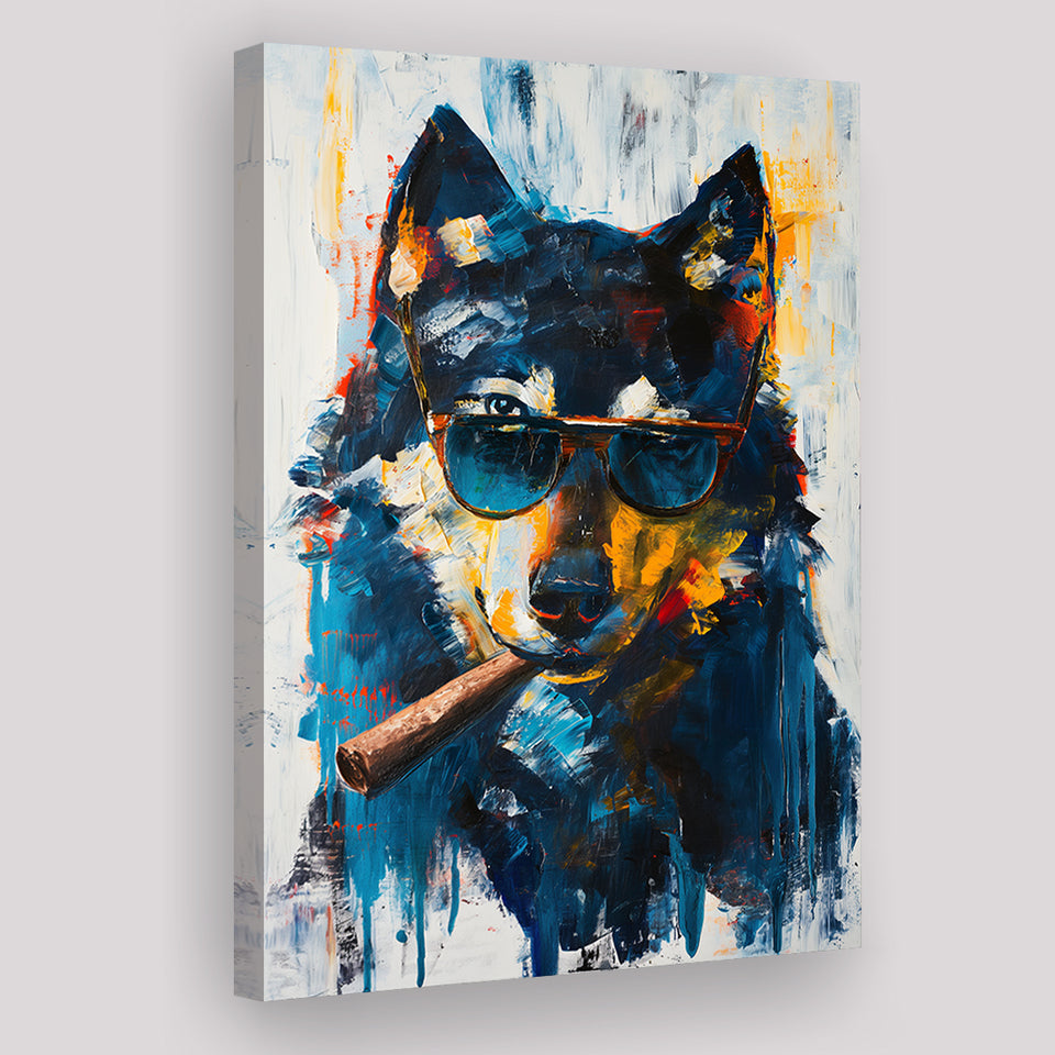 Black Wolf Wearing Sungglasses And Smooking Cigar V1, Canvas Prints Wall Art Home Decor, Painting Canvas Art
