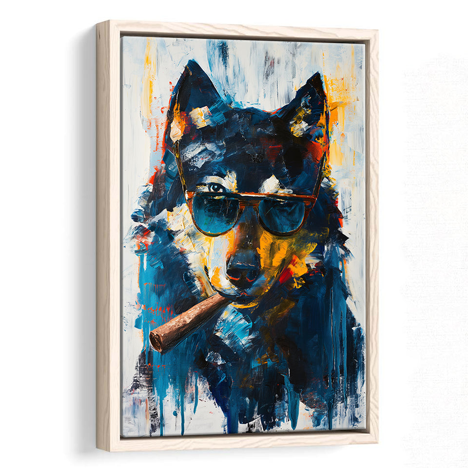 Black Wolf Wearing Sungglasses And Smooking Cigar V1, Framed Canvas Prints Wall Art Decor, Floarting Frame Painting Canvas Art
