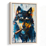 Black Wolf Wearing Sungglasses And Smooking Cigar V1, Framed Canvas Prints Wall Art Decor, Floarting Frame Painting Canvas Art