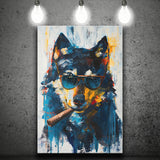 Black Wolf Wearing Sungglasses And Smooking Cigar V1, Canvas Prints Wall Art Home Decor, Painting Canvas Art