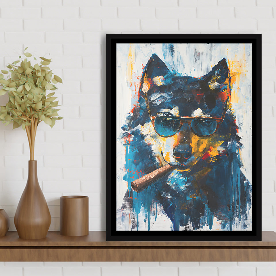 Black Wolf Wearing Sungglasses And Smooking Cigar V1, Framed Canvas Prints Wall Art Decor, Floarting Frame Painting Canvas Art