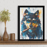 Black Wolf Wearing Sungglasses And Smooking Cigar V1, Framed Canvas Prints Wall Art Decor, Floarting Frame Painting Canvas Art