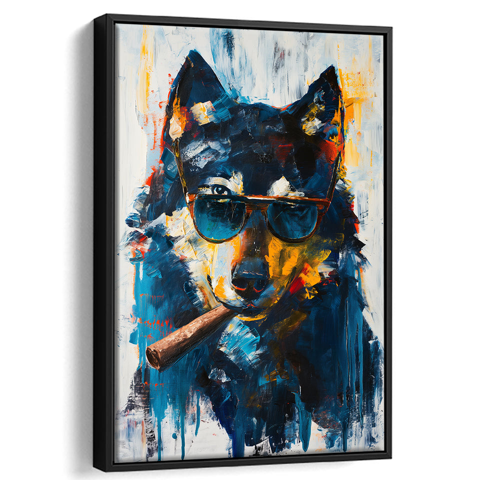 Black Wolf Wearing Sungglasses And Smooking Cigar V1, Framed Canvas Prints Wall Art Decor, Floarting Frame Painting Canvas Art