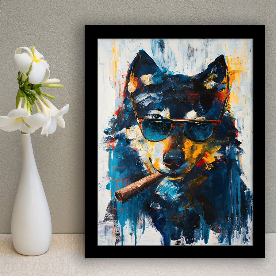 Black Wolf Wearing Sungglasses And Smooking Cigar V1, Framed Art Prints Wall Decor, Picture Framed Painting
