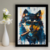 Black Wolf Wearing Sungglasses And Smooking Cigar V1, Framed Art Prints Wall Decor, Picture Framed Painting