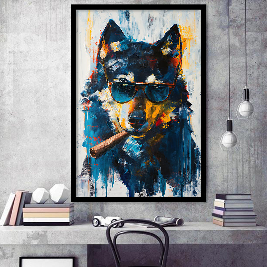 Black Wolf Wearing Sungglasses And Smooking Cigar V1, Framed Art Prints Wall Decor, Picture Framed Painting