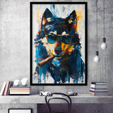 Black Wolf Wearing Sungglasses And Smooking Cigar V1, Framed Art Prints Wall Decor, Picture Framed Painting