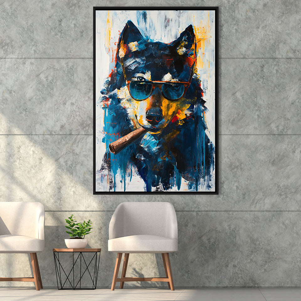 Black Wolf Wearing Sungglasses And Smooking Cigar V1, Framed Canvas Prints Wall Art Decor, Floarting Frame Painting Canvas Art
