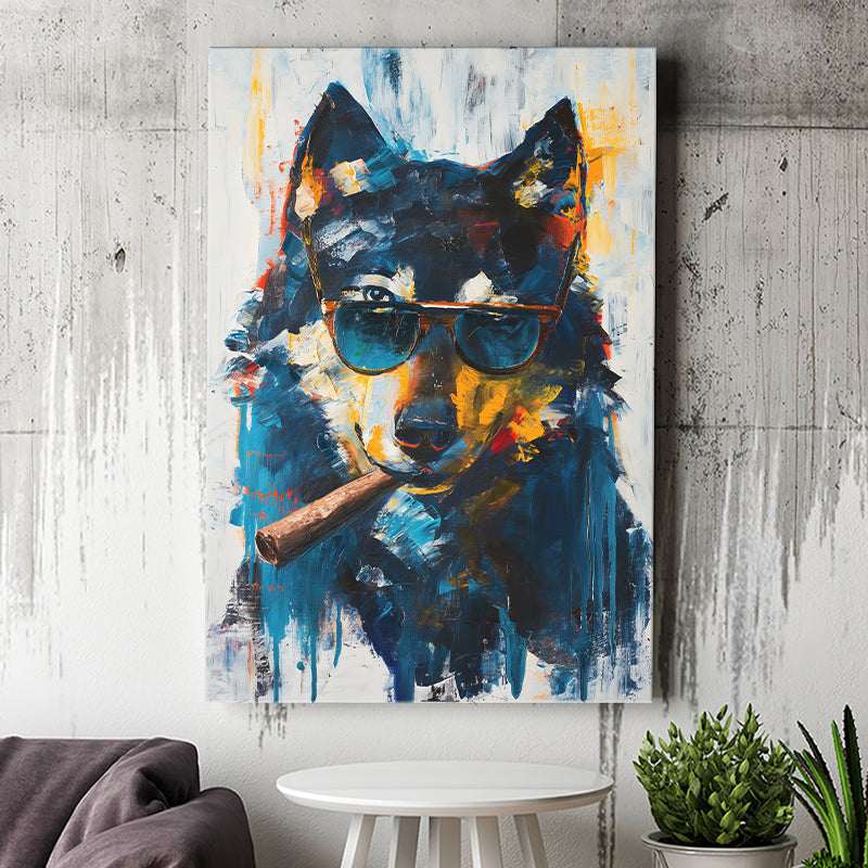 Black Wolf Wearing Sungglasses And Smooking Cigar V1, Canvas Prints Wall Art Home Decor, Painting Canvas Art